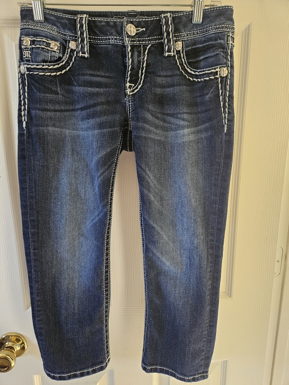 Miss Me Blue Denim Capri Jeans with White Contrast Stitching